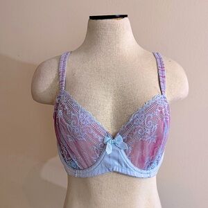 Felina Lingerie Blue & Pink Lace Stripe Stripes Bra 38D NWOT